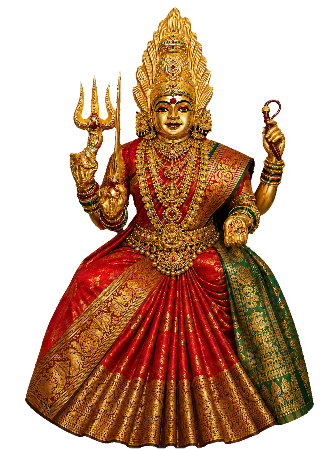 Shri Nalla Pochamma Ammavaru in vermilion and temple-green alankaram
