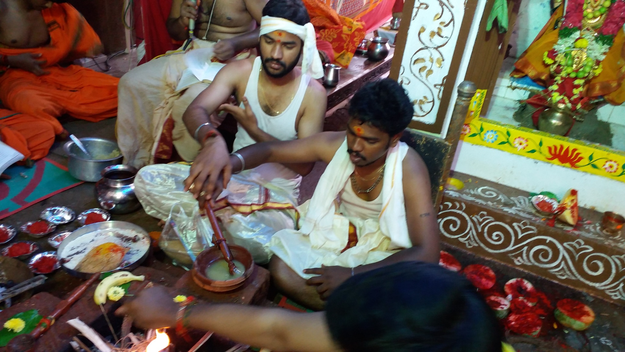 Sacred homa and offerings during an early temple ceremony